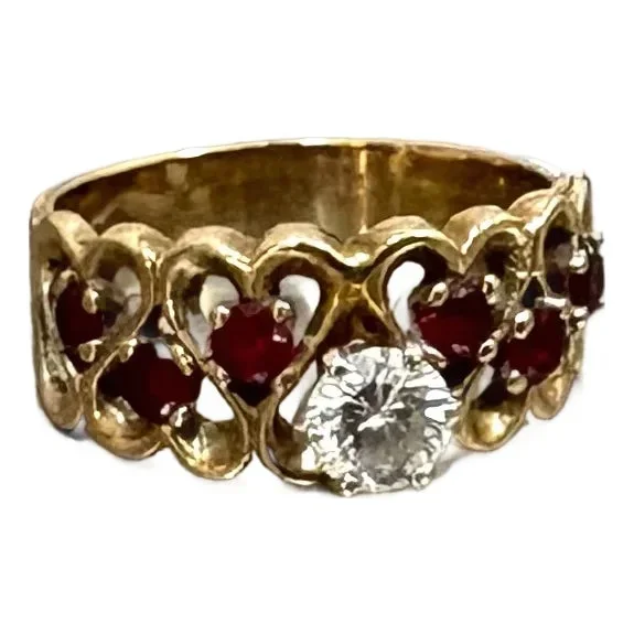 10k Gold Heart-Pattern Diamond & Garnet Cocktail Ring