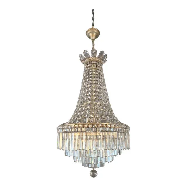 1930s Empire Brass Sac a Pearl Crystal Lustre Chandelier