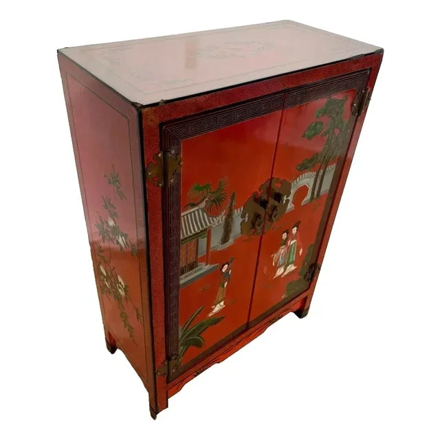 1950s Mid Century Chinese Console Cabinet Double Doors Interior Shelf Hand Painted