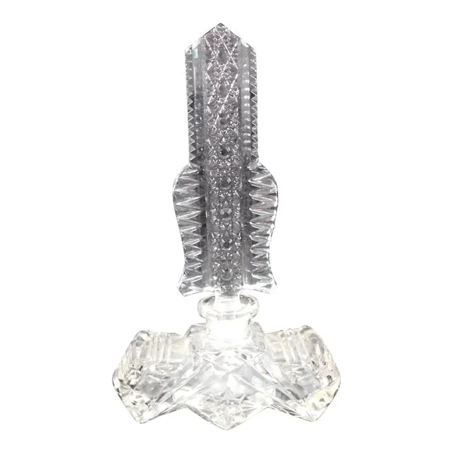 1950s Wide Flat Clear Cut Glass Perfume Bottle With Tall Stopper