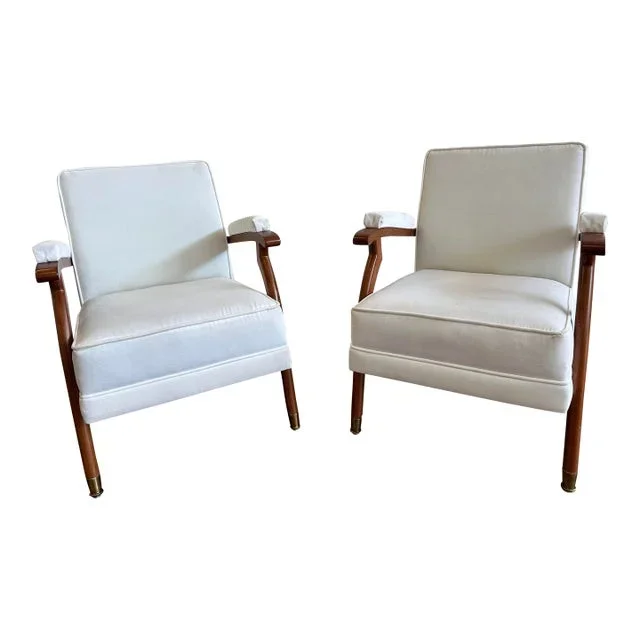 1960s Pair of Mid-Century Modern, in the Style of Maison Leleu, Velvet White Lounge Chairs