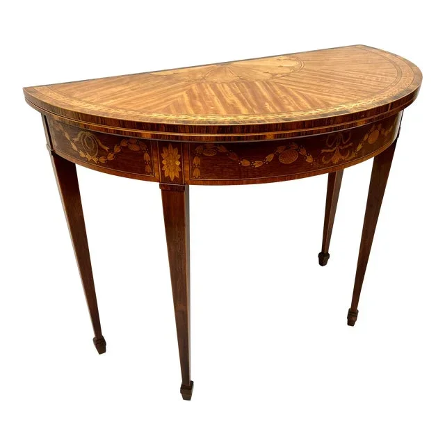 1970s Baker Furniture Stately Homes Demilune Inlaid Wood Game Table
