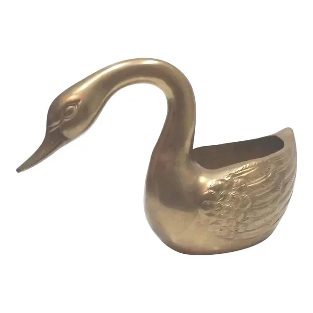 1970s Hollywood Regency Solid Brass Swan Cachepot Decorative Planter