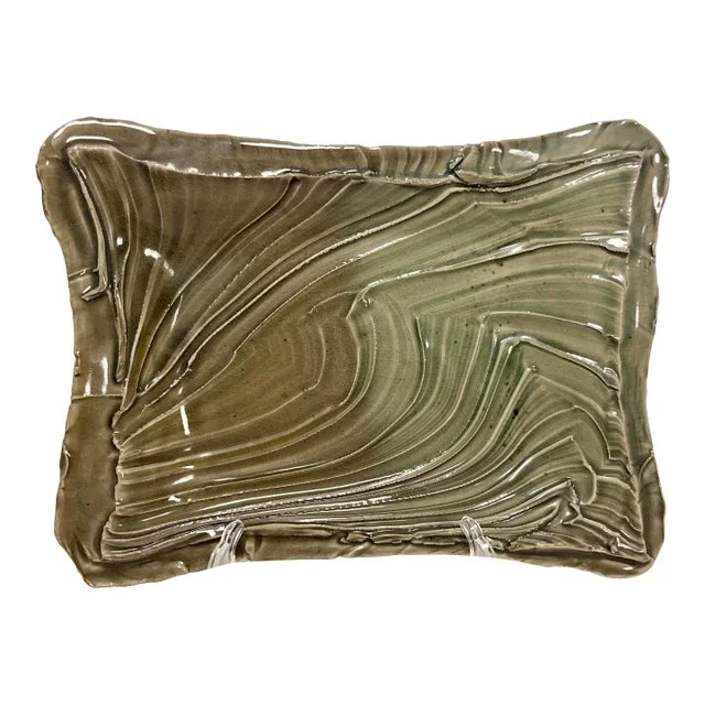 1970s Mid-Century Modern Studio Art Pottery Taira Centerpiece Glossy Tray Signed