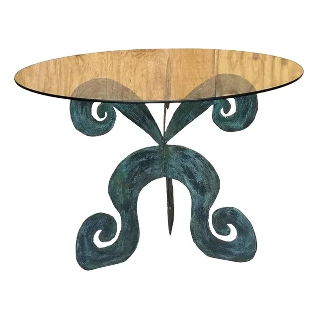 1980s French Modern Bronze Tripartite Scroll Table
