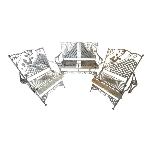 1990s Wrought Iron Rooster Motif Settee, Chairs and Screen, 4 Pieces
