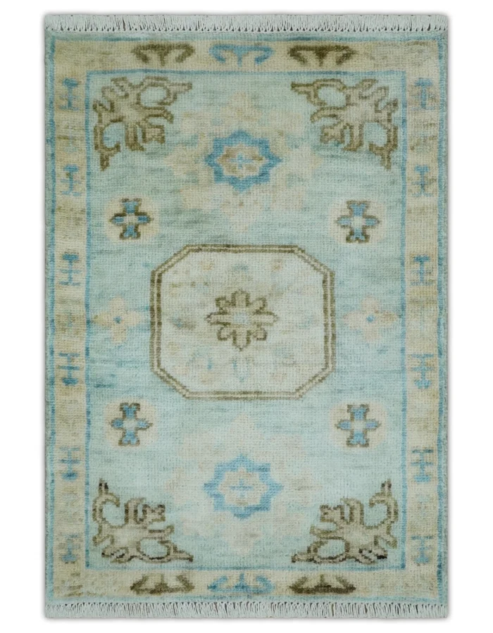 2×3 Hand Knotted Aqua and Olive Oushak Wool Rug, Entryway Rug | TRDCP125423