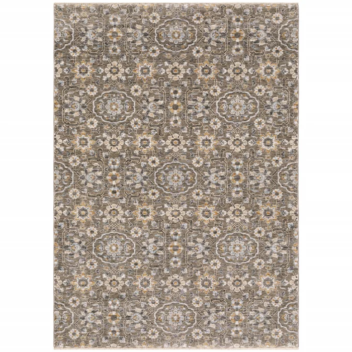 2′ x 3′ Grey and Tan Floral Power Loom Stain Resistant Area Rug with Fringe