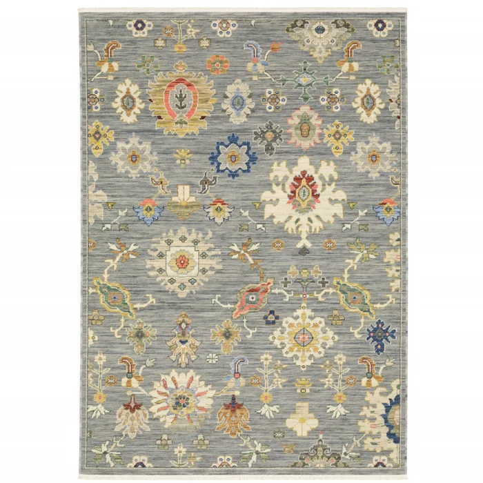 2′ x 6′ Grey Ivory Gold Salmon Red Blue and Green Oriental Power Loom Runner Rug