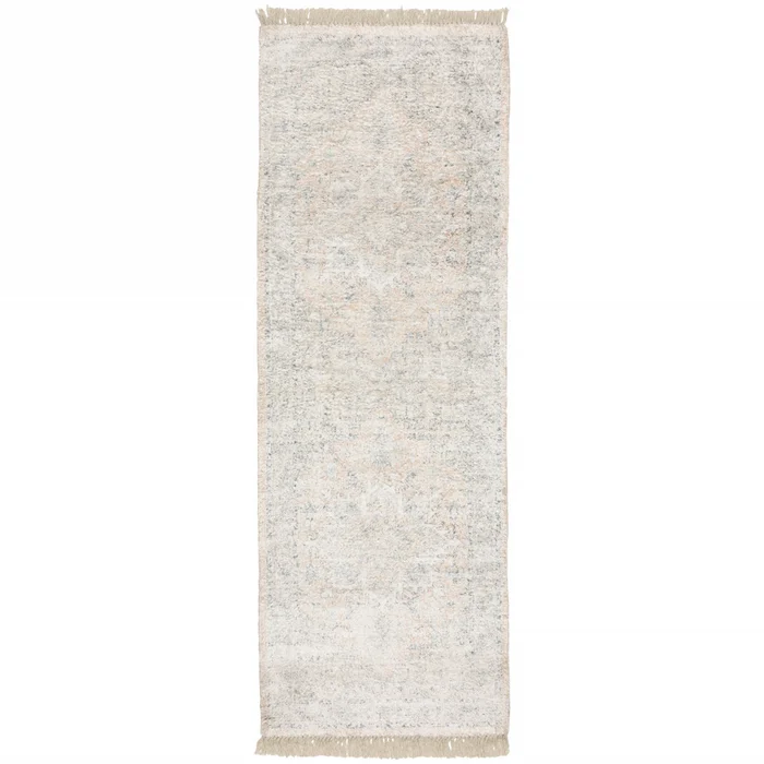 2′ x 8′ Beige & Grey Oriental Hand Loomed Stain Resistant Runner Rug with Fringe