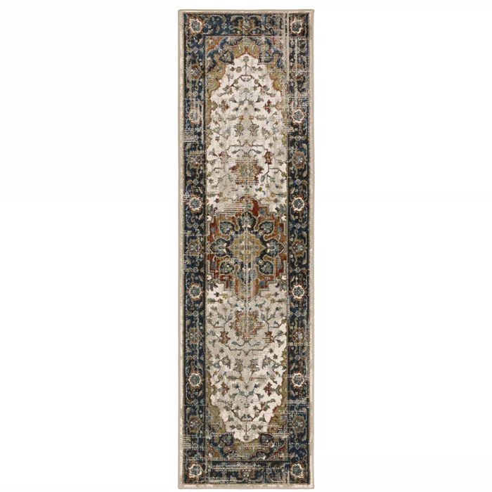 2′ x 8′ Beige Blue Green Rust and Grey Oriental Power Loom Stain Resistant Runner Rug
