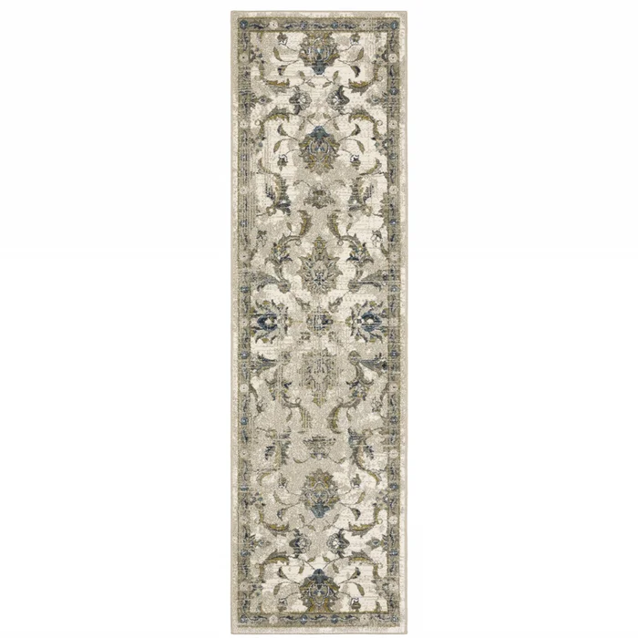 2′ x 8′ Beige Gold Blue and Grey Oriental Power Loom Stain Resistant Runner Rug