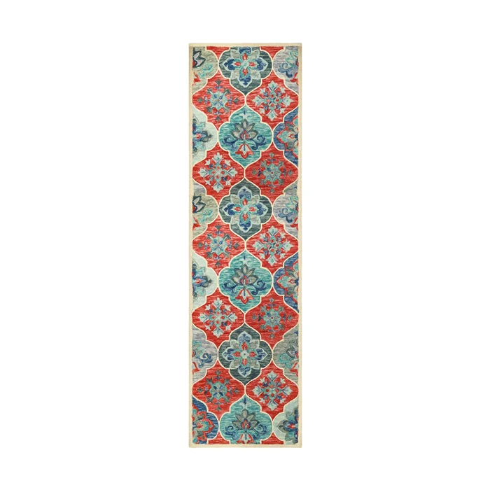 2′ x 8′ Blue and Rust Wool Geometric Tufted Stain Resistant Runner Rug