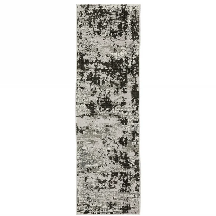 2′ x 8′ Grey Charcoal Black and Ivory Abstract Power Loom Stain Resistant Runner Rug