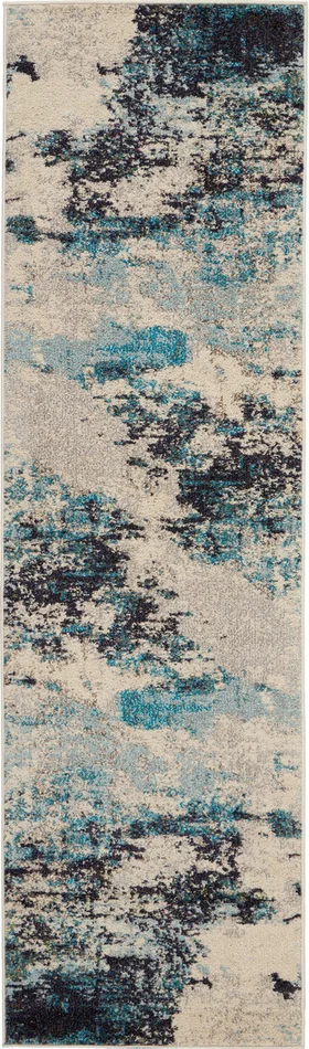 2′ x 8′ Ivory and Teal Blue Abstract Power Loom Non Skid Runner Rug
