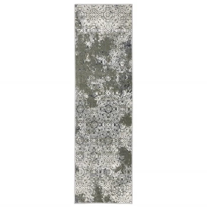 2′ x 8′ Ivory Grey Blue and Taupe Abstract Power Loom Stain Resistant Runner Rug