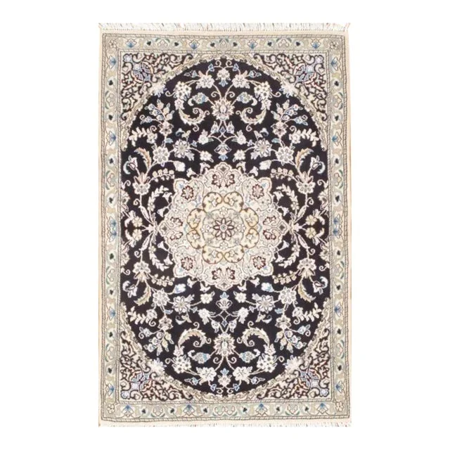2020s Navy Blue Fine Persian Nain Silk & Wool