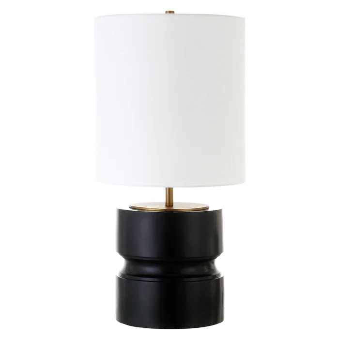 27″ Beige and Gold Metal Geometric Table Lamp with White Drum Shade