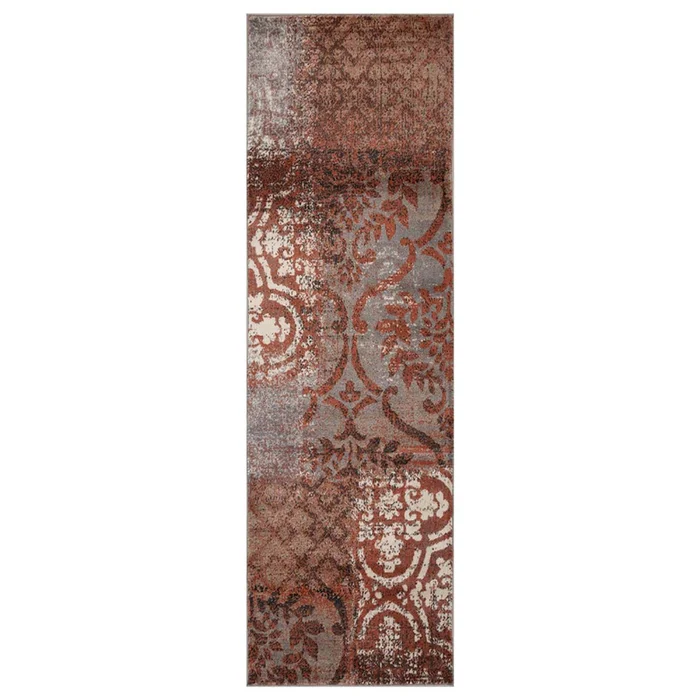 3′ x 10′ Rust and Gray Damask Distressed Stain Resistant Runner Rug