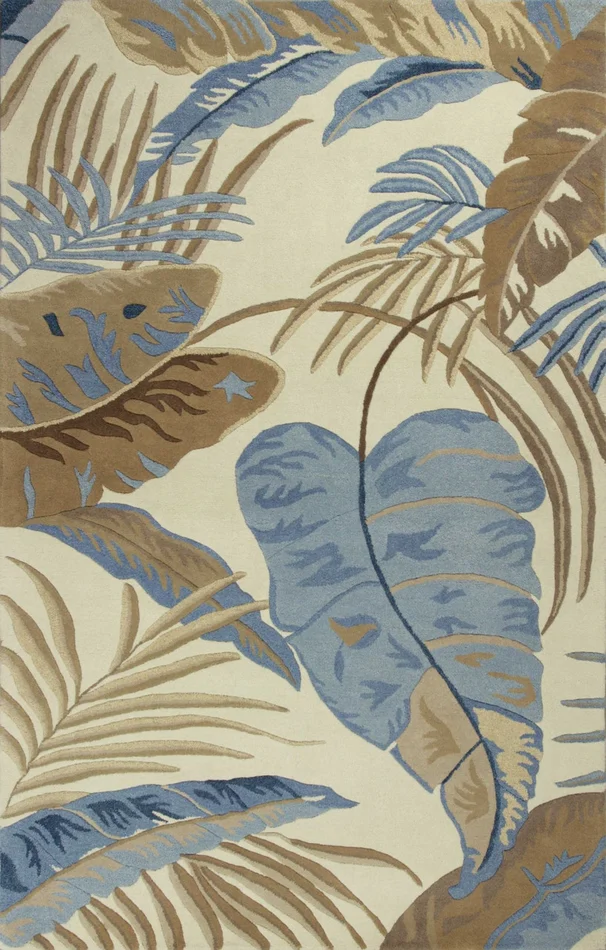 3′ x 5′ Ivory Blue Hand Tufted Tropical Leaves Indoor Area Rug