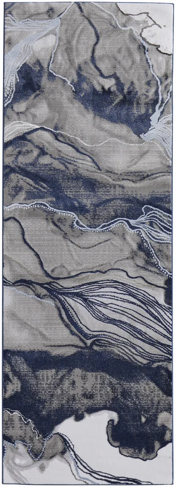 3′ x 8′ Blue Gray & Ivory Abstract Power Loom Runner Rug