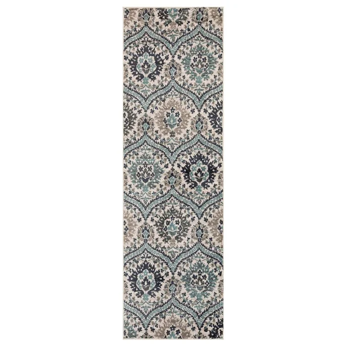 3′ x 8′ Ivory Blue and Gray Floral Stain Resistant Runner Rug