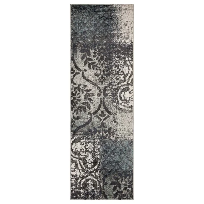 3′ x 8′ Teal and Gray Damask Distressed Stain Resistant Runner Rug