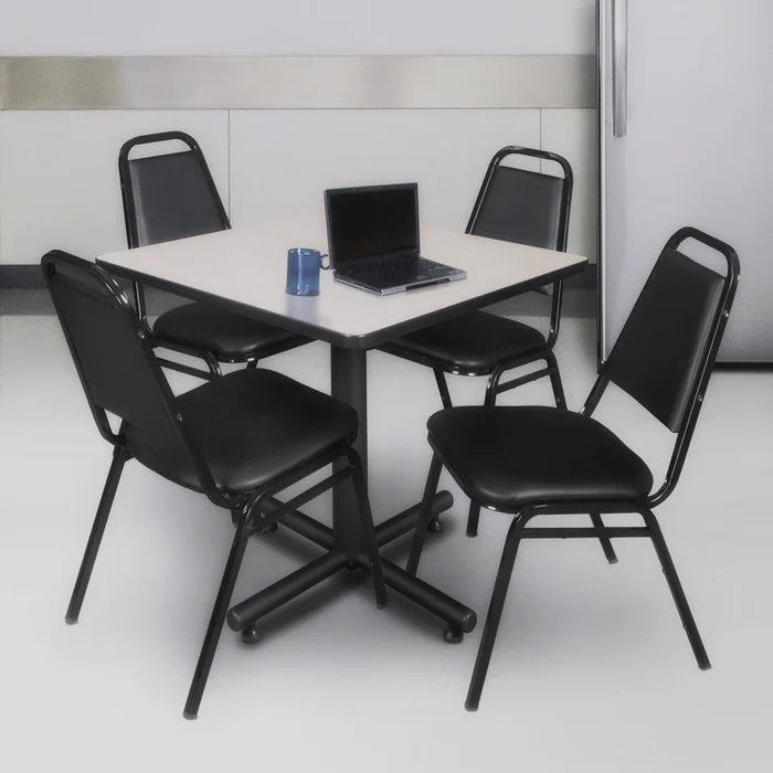 30 Square Breakroom Table – Maple & 4 Restaurant Stack Chairs – Black – Regency Seating