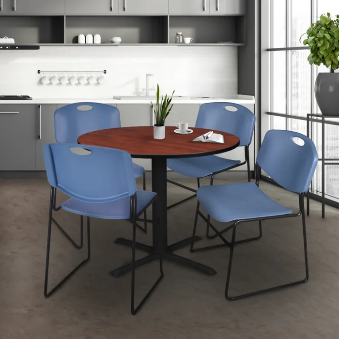 36 Round Cherry Breakroom Table & Blue Stack Chairs Set of 4 – Regency Seating