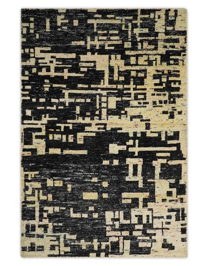 4×6 Hand Knotted Camel and Black Modern Abstract Contemporary Recycled Silk Area Rug | OP54