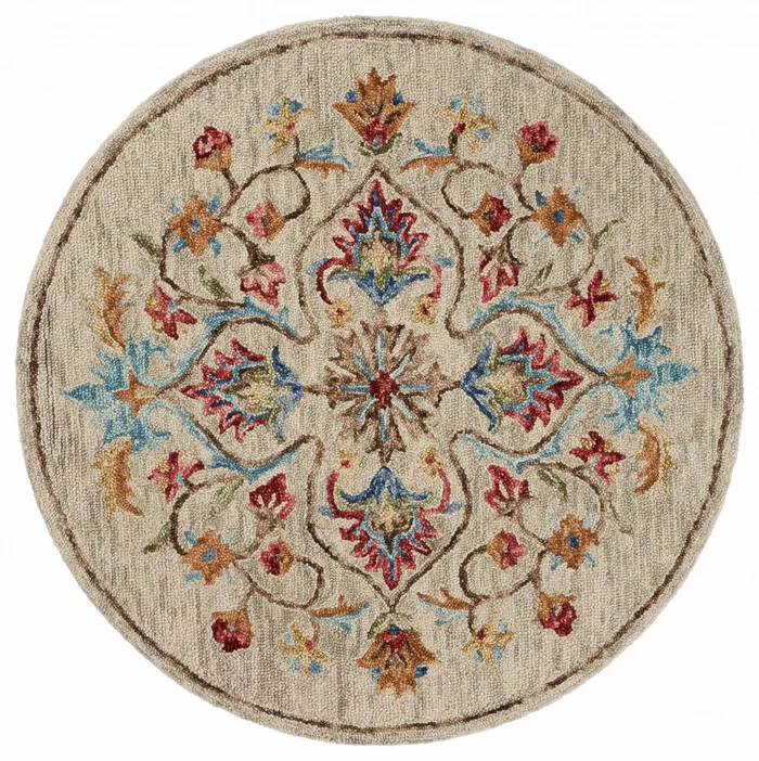 4′ Round Beige Floral Medallion Area Rug