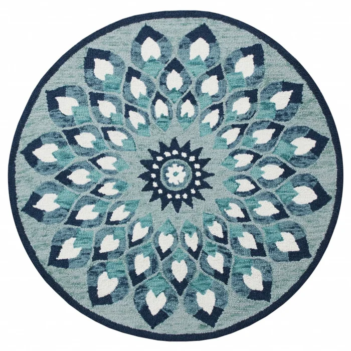4′ Round Blue and White Floral Feather Area Rug
