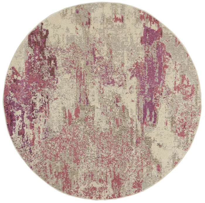 4′ x 4′ Ivory and Pink Round Abstract Power Loom Non Skid Area Rug