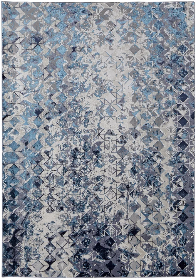 4′ x 6′ Blue Ivory and Gray Geometric Power Loom Distressed Area Rug
