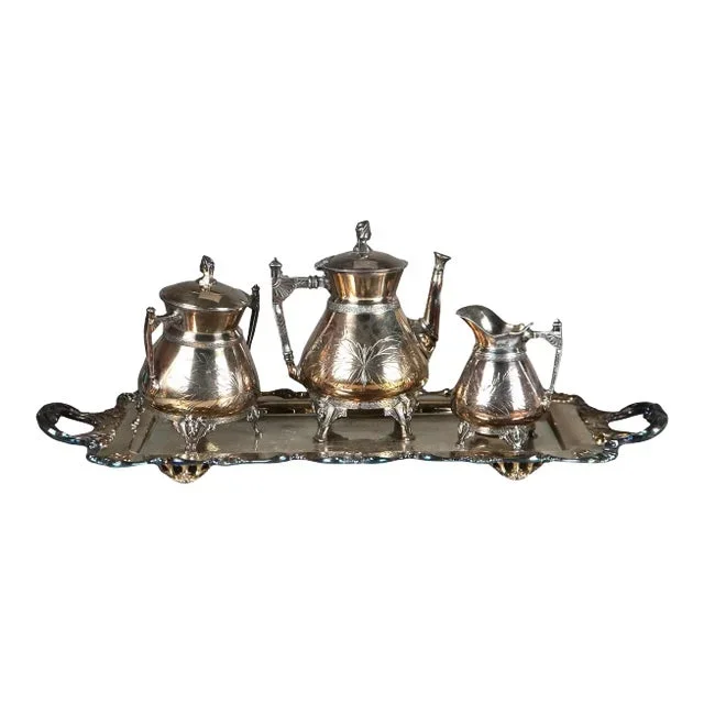 4 Piece Antique Silver Plated Footed Tea Set, Circa 1890