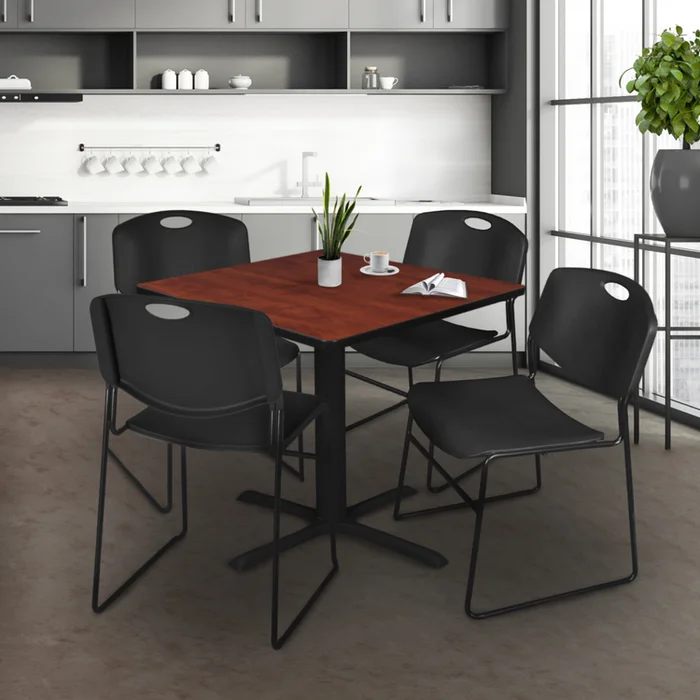 48 Square Cherry Breakroom Table & Black Stack Chairs Set – Regency Seating