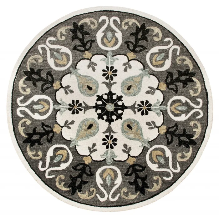 5′ Gray Round Wool Hand Hooked Handmade Area Rug