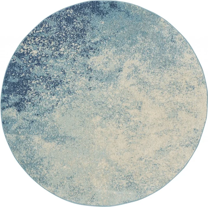 5′ Ivory and Blue Round Abstract Power Loom Area Rug