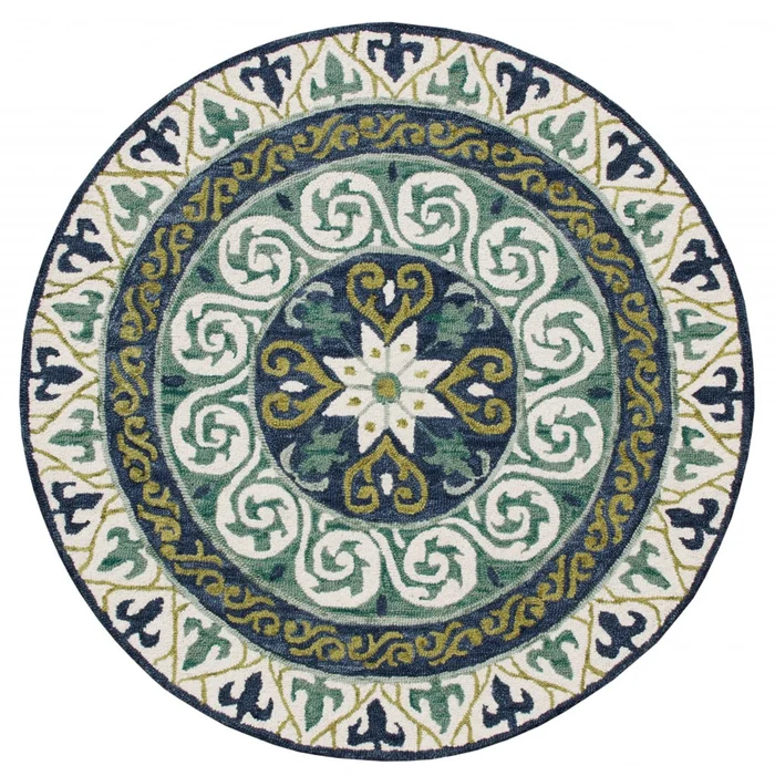 5′ Round Blue and Green Ornate Medallion Area Rug