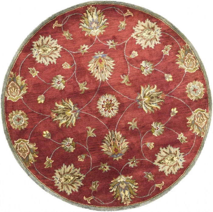 5′ Round Red Floral Vine Wool Indoor Area Rug