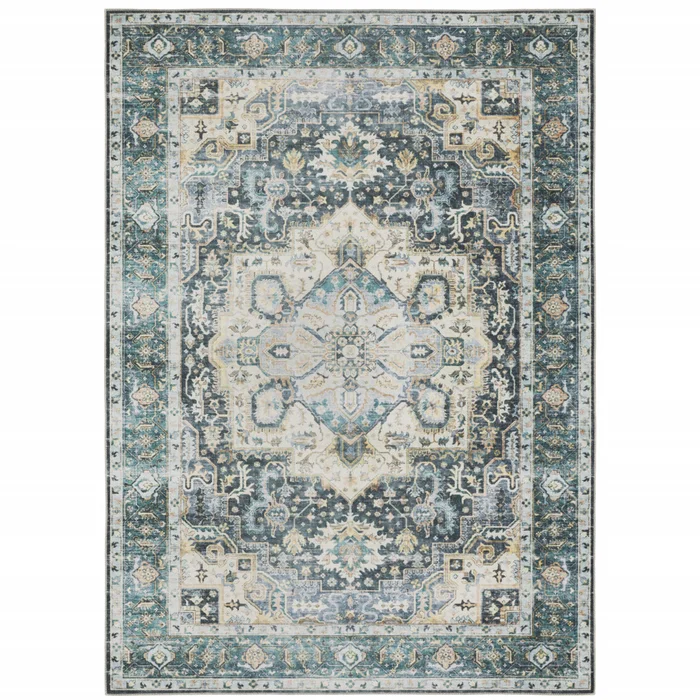 5′ x 7′ Blue Ivory Teal Brown and Gold Oriental Printed Stain Resistant Non Skid Area Rug