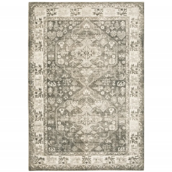 5′ x 7′ Grey Ivory Tan and Beige Oriental Power Loom Stain Resistant Area Rug