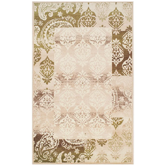 5′ x 8′ Beige Damask Power Loom Distressed Stain Resistant Area Rug