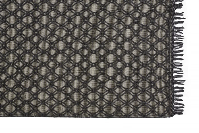 5′ x 8′ Black and Ivory Wool Geometric Hand Woven Area Rug with Fringe