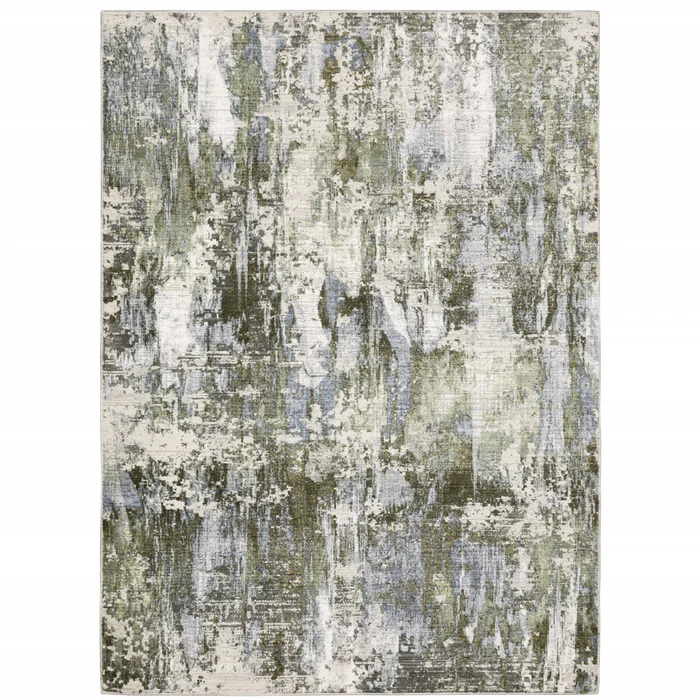 5′ x 8′ Green Blue Grey Ivory and Brown Abstract Power Loom Stain Resistant Area Rug