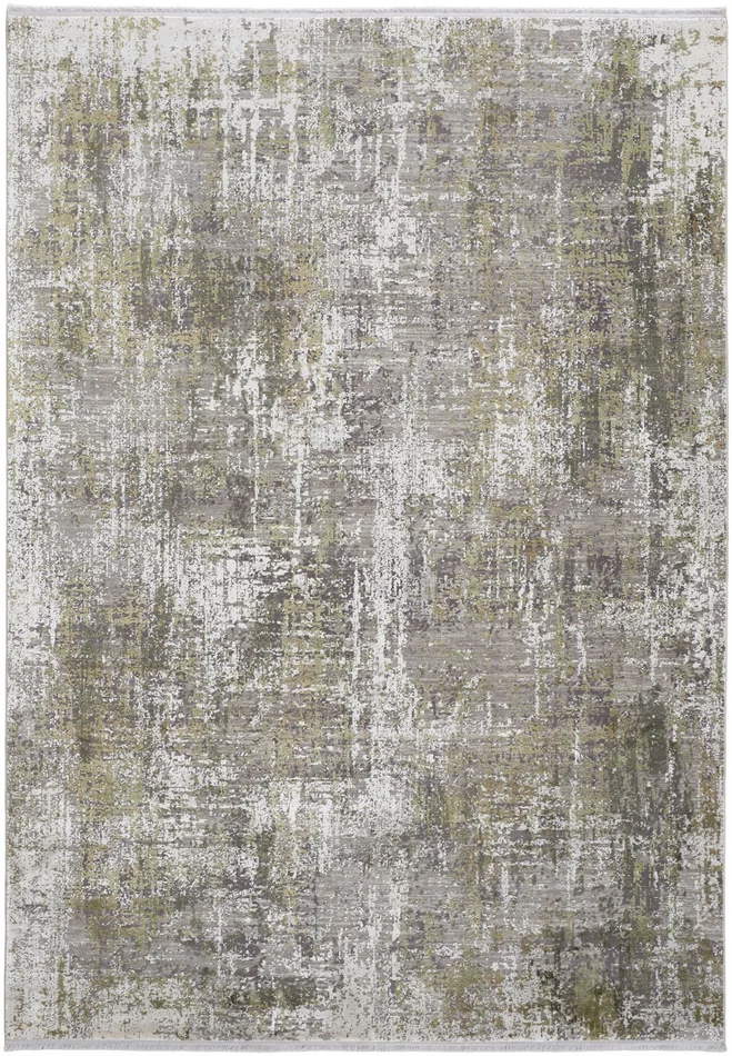 5′ x 8′ Green Gray and Ivory Abstract Area Rug with Fringe