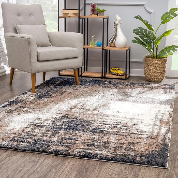 5′ x 8′ Ivory and Navy Retro Modern Area Rug