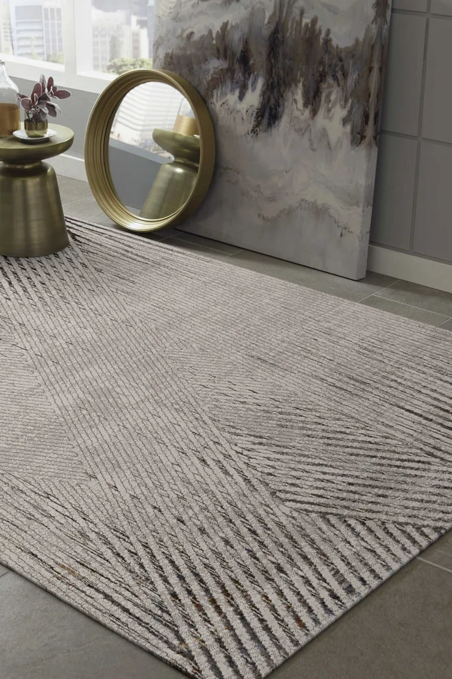 5′ x 8′ Ivory Grey Machine Woven Geometric Lines Indoor Area Rug
