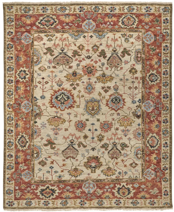 5′ x 8′ Ivory Red and Blue Wool Floral Hand Knotted Stain Resistant Area Rug