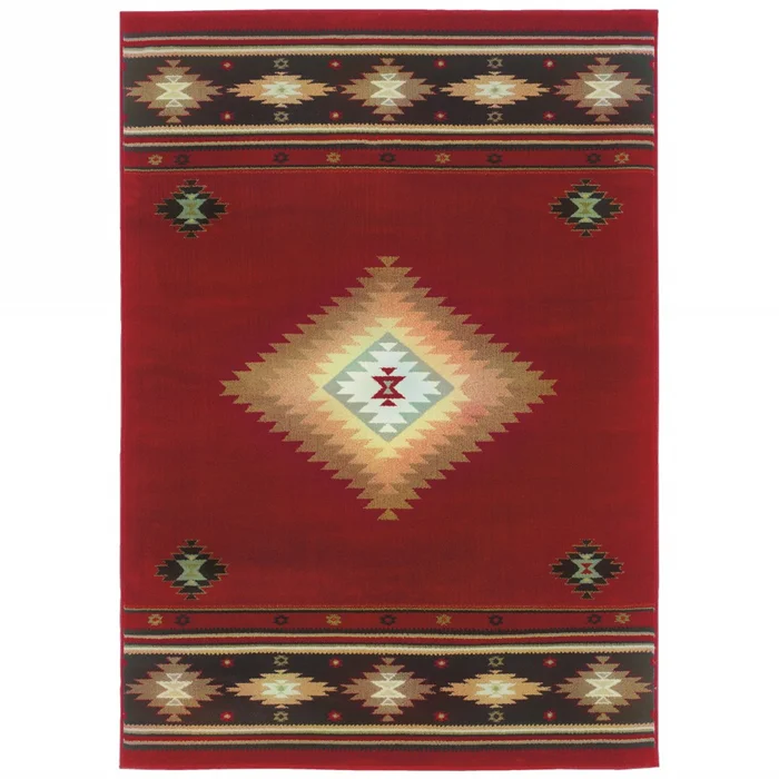 5′ x 8′ Red and Beige Ikat Pattern Area Rug